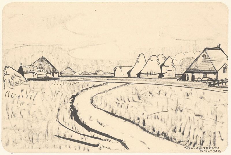 Landscape featuring rural farmland and farmhouses by Julia Giesberts, unknown medium