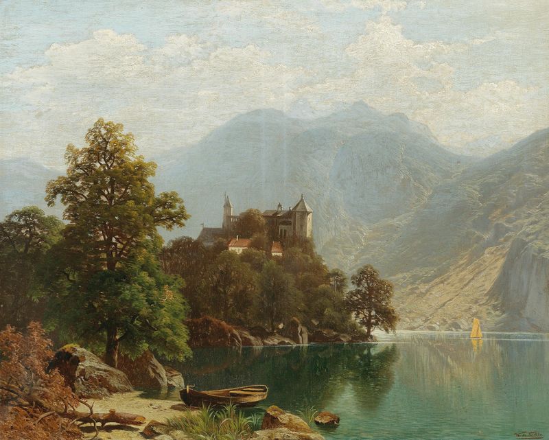 Cena de lago alpino de Theodor Nocken, óleo sobre tela, com montanhas e reflexos nevoentos.