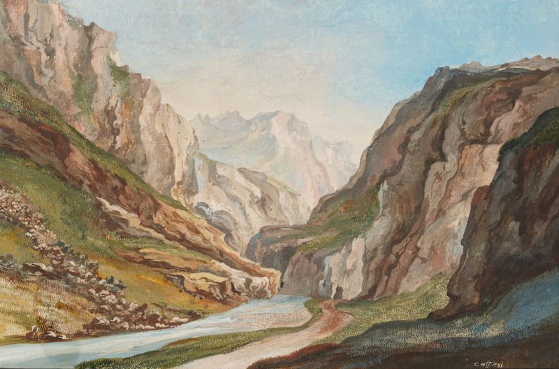 Landscape oil painting by Caspar Wolf featuring a mountain pathway and sky.