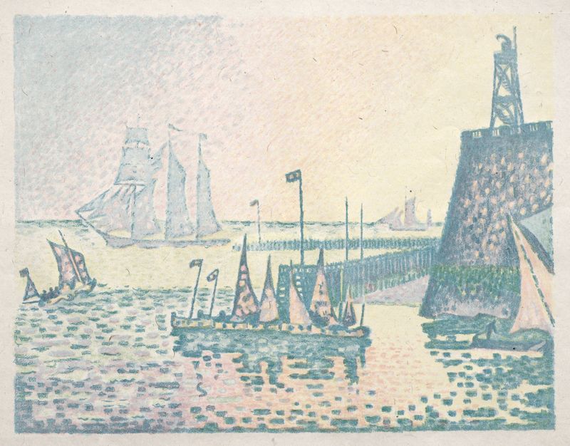 Pintura al óleo Post-Impresionista de Paul Signac que representa un muelle al anochecer con reflejos en el agua.