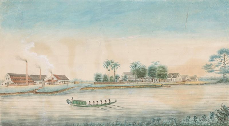 Landscape of sugar plantation with water reflections by Alexander Ludwich Brockmann, oil on canvas