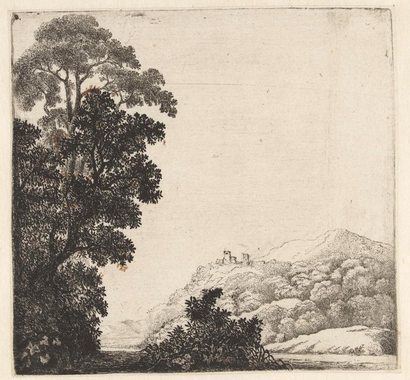 Landscape with ruins on a hill, etching by Jan van Brosterhuyzen