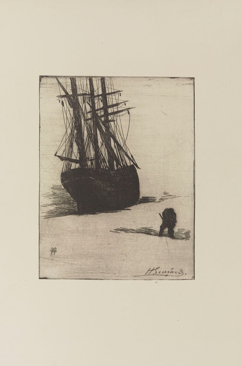 L’homme et le vaisseau de Henri-Charles Guérard, um homem olhando para um navio distante, gravura