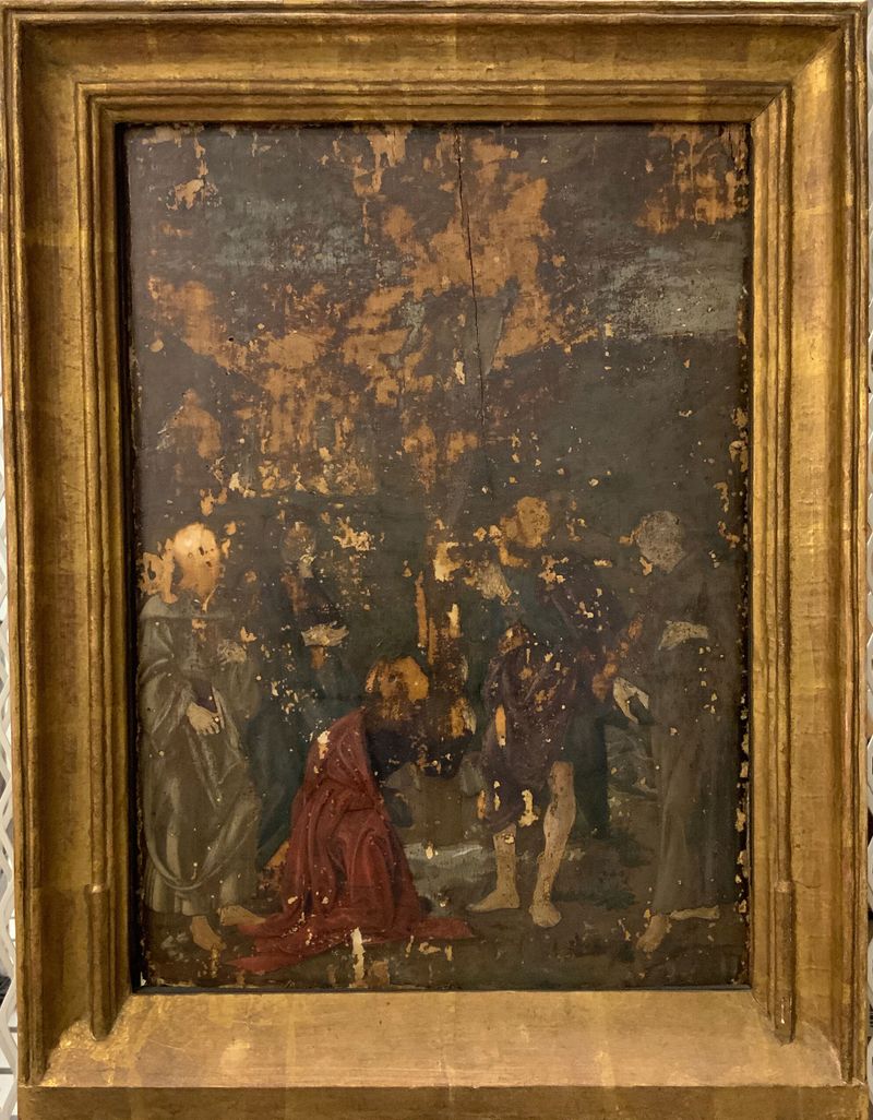 Escena de crucifixión con San Jerónimo, Virgen, María Magdalena y santos, temple sobre panel de Antonio Pollaiuolo