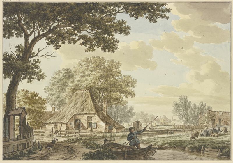 Enger Kanal bei einem Dorf, a landscape by Jacob Cats, depicting a man in a boat.