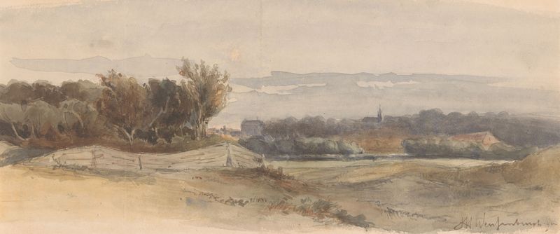 Panoramisch landschap by Johan Hendrik Weissenbruch, oil on canvas depicting rolling hills and a vibrant sky.