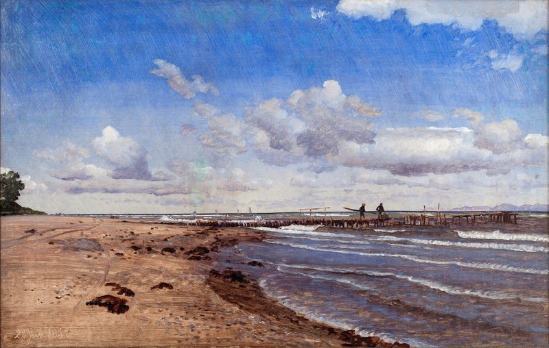 Beach at Hellebæk by P. C. Skovgaard, oil painting depicting gentle waves and a tranquil shoreline.