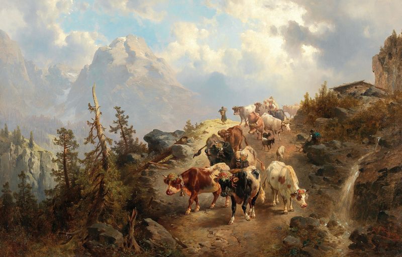 Oil painting by Josef Thoma depicting cattle in rolling hills of the Alps