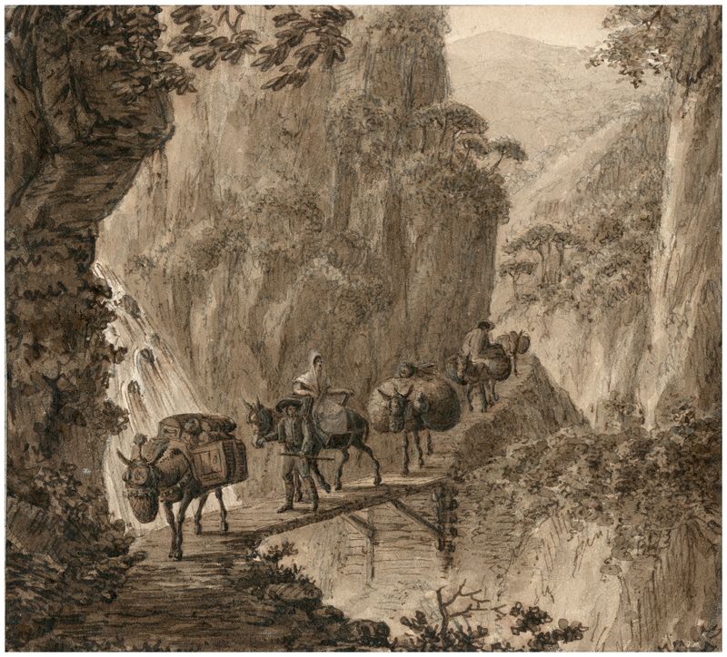 Pintura a óleo de Otto Howen mostrando animais de carga em uma paisagem montanhosa