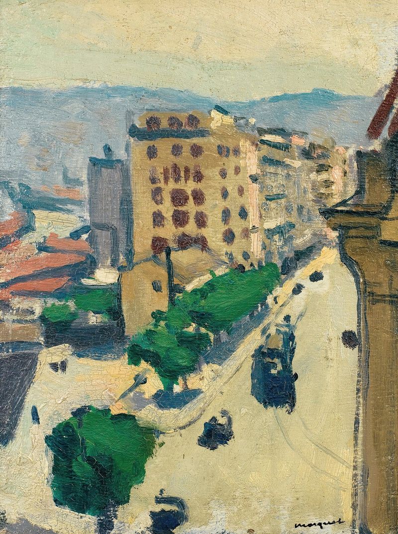 Rue À Alger de Albert Marquet, pintura al óleo que representa una vibrante escena urbana con adoquines y luz dorada.