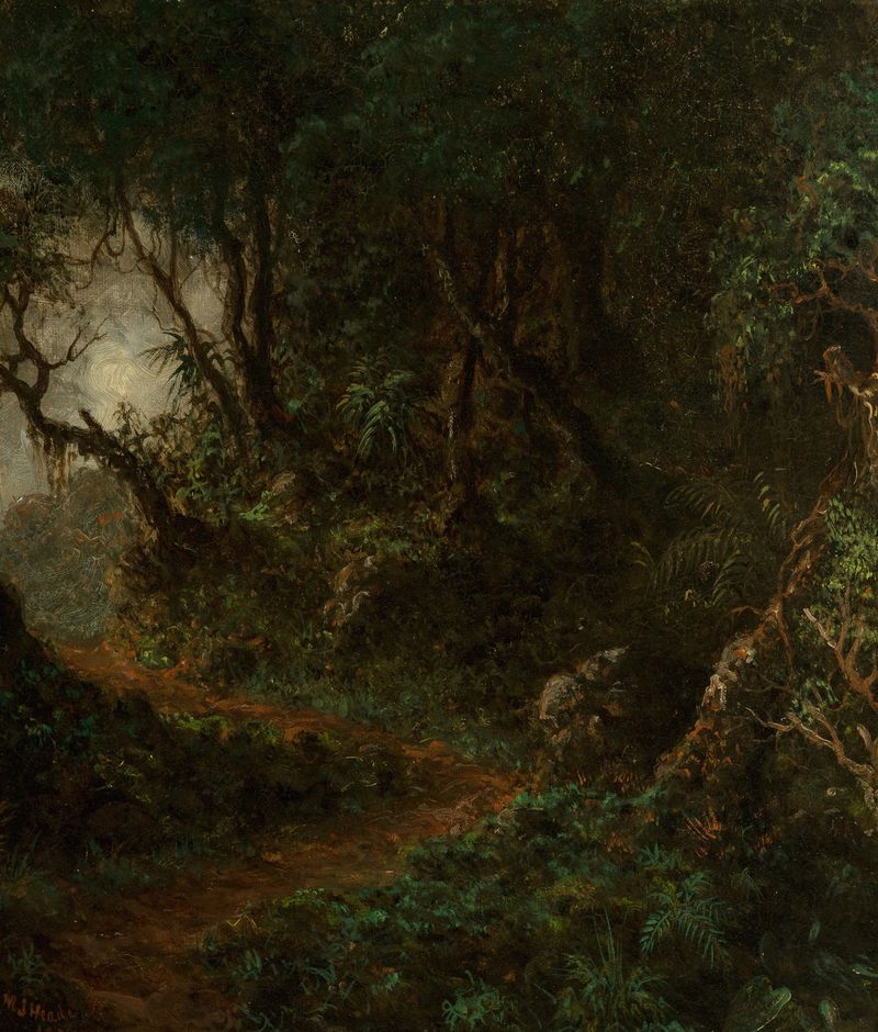 Tropical Greenery de Martin Johnson Heade, pintura al óleo que muestra un follaje exuberante y luz vibrante.