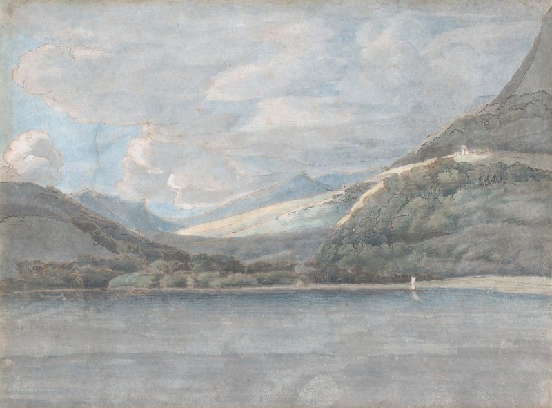 Vista del Lago de Como de Francis Towne, Romanticismo, que representa colinas y aguas tranquilas.