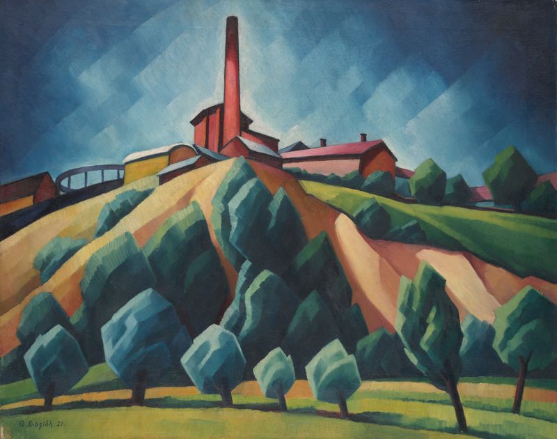Expressionism genre scene depicting a factory with smokestacks by Adolf Erbslöh