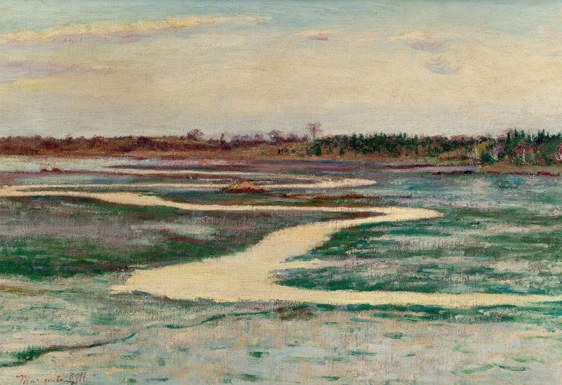 Marsh Landscape de Mariquita Gill, impresionismo, que representa flora vibrante y agua tranquila