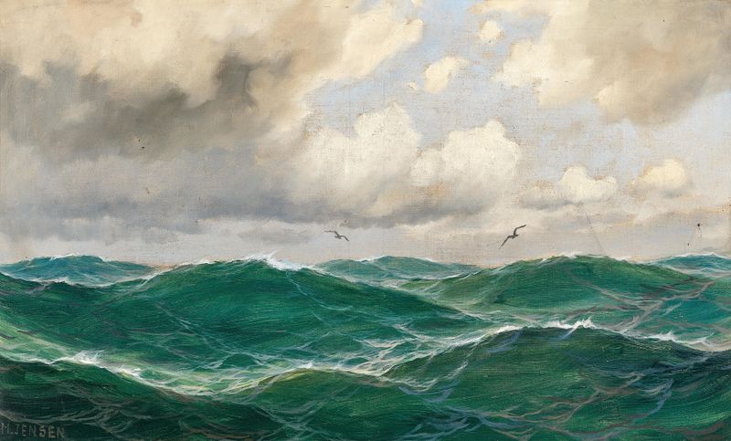 Seascape with seagulls by Max Jensen, oil painting depicting gentle waves and golden light.