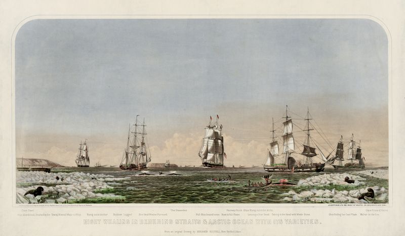 Marine scene depicting whaling in the ocean, oil painting by John H. Bufford's & Sons