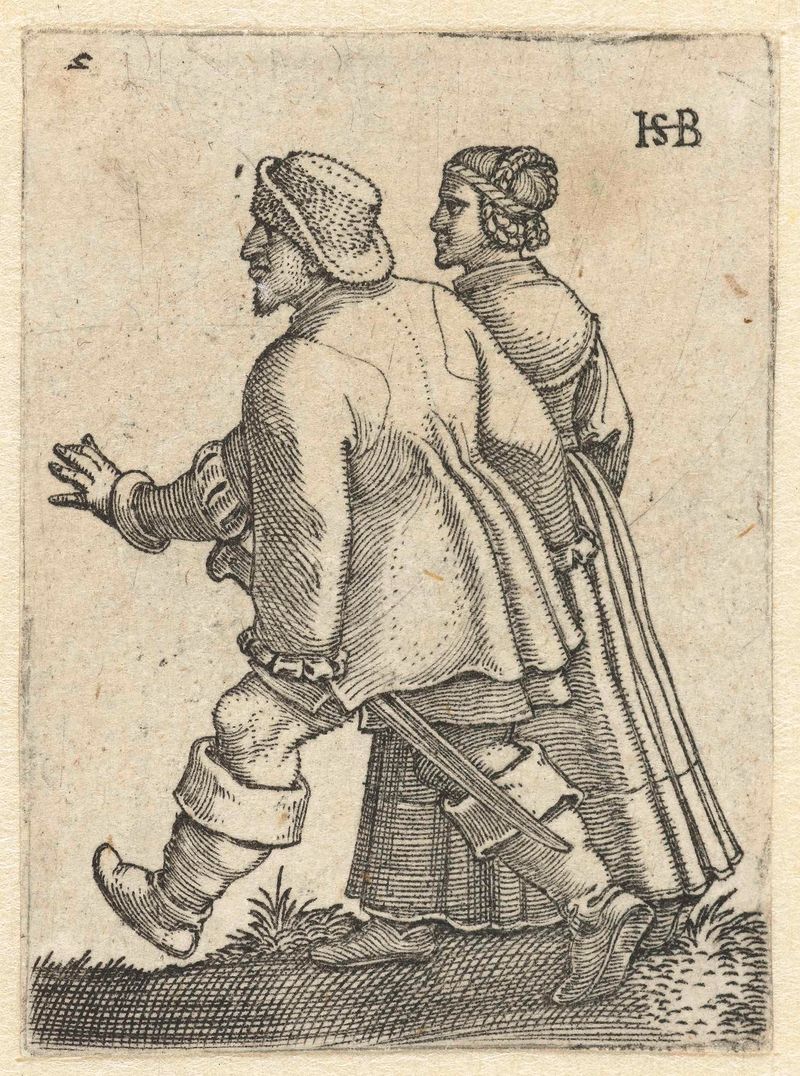 Grabado de Hans Sebald Beham que representa a una pareja bailando en trajes vibrantes.