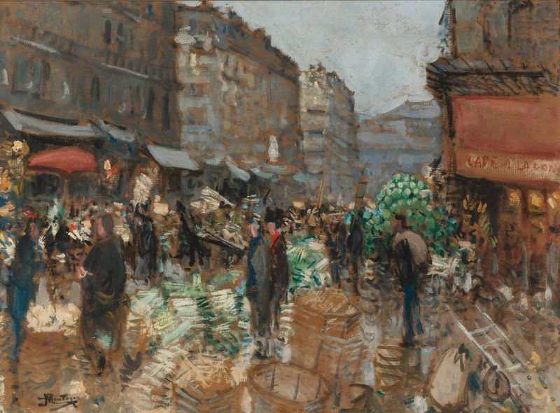Les Anciennes Halles de Pierre-Eugène Montézin, óleo sobre tela retratando uma arquitetura de mercado histórica