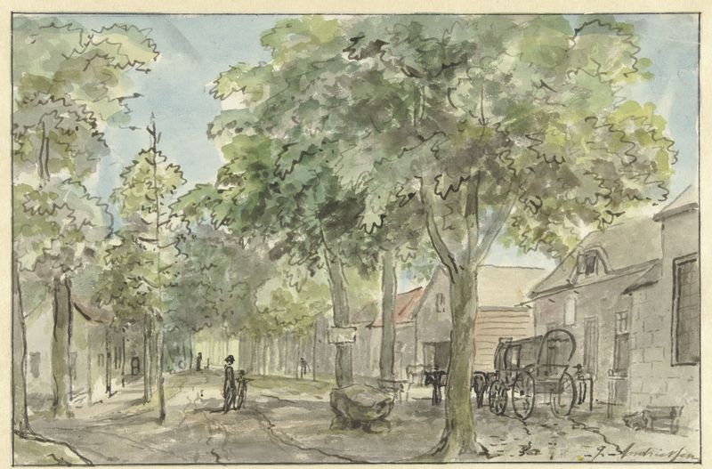 Dorpsstraat in Lage Vuursche, oil on canvas by Jurriaan Andriessen, depicting a village street with trees.