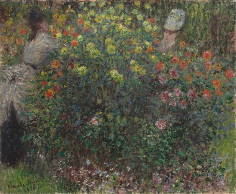 Pintura figurativa al óleo de Claude Monet que muestra mujeres entre flores coloridas.