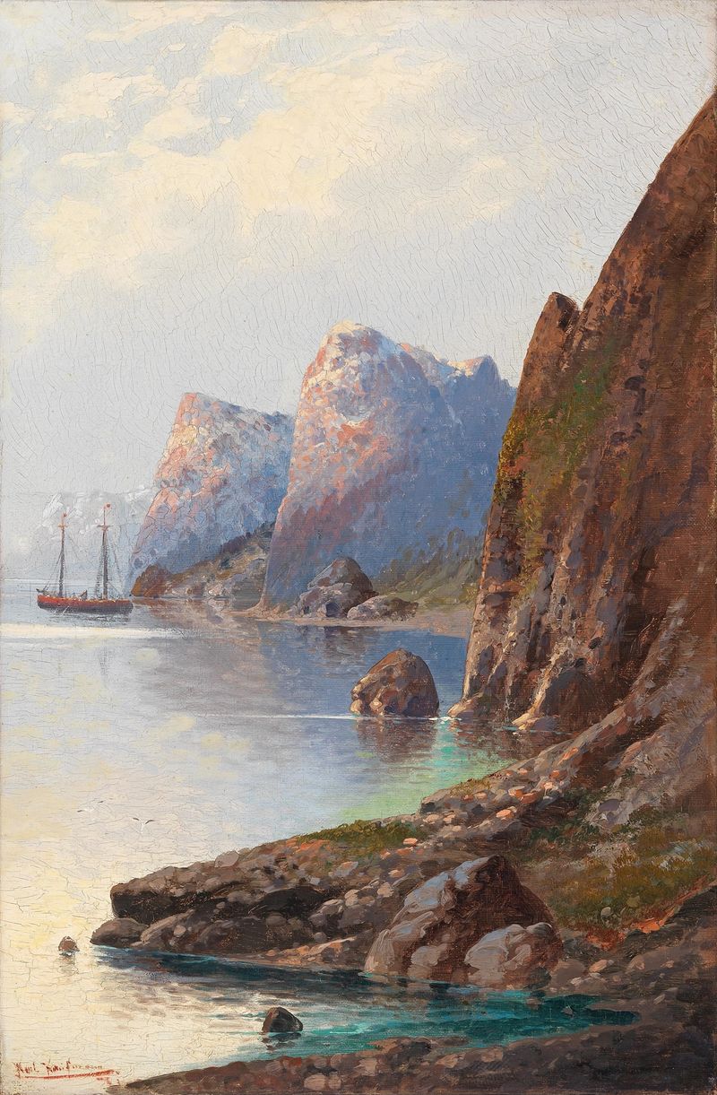 Fjordlanschaft de Karl Kaufmann, óleo sobre tela retratando fiordes tranquilos e águas refletivas.