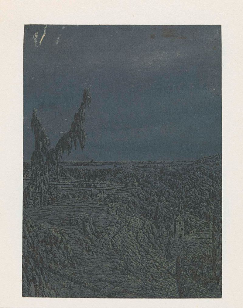 Landscape with a Plateau, etching by Hercules Segers, featuring a river and moonlight.