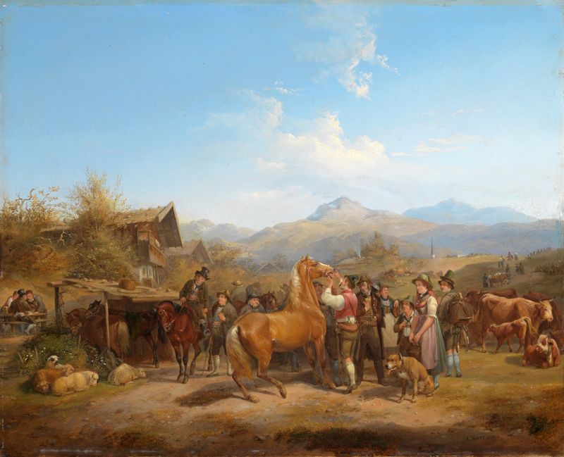 Cena de gênero representando cavalos e cavaleiros em um mercado por Heinrich Marr, pintura a óleo