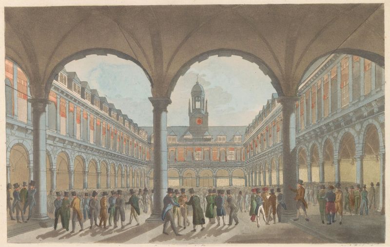La Bourse à Amsterdam, pintura a óleo de Roelof van der Meulen retratando uma cena movimentada da bolsa