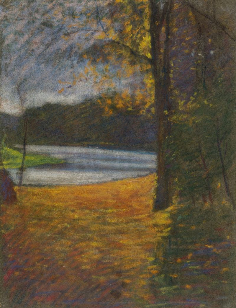 Paisaje de otoño óleo de Ladislav Mednyánszky con árboles vibrantes y un arroyo.
