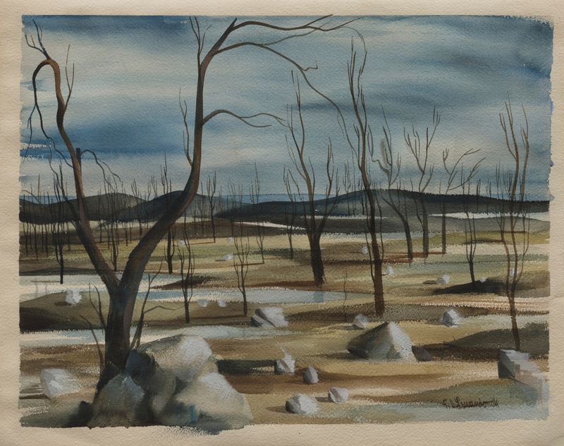 Paisagem de Edmund Lewandowski, Modernismo, retratando colinas onduladas e um céu exuberante.