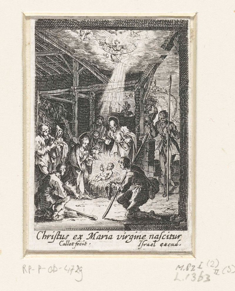 Geboorte van Christus, etching by Jacques Callot, depicting the nativity with angels and shepherds.