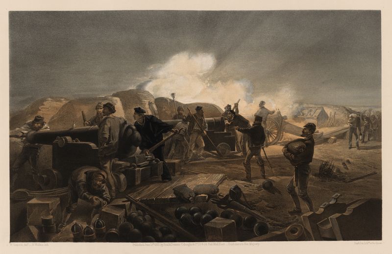 Cena histórica com soldados reunidos à noite, óleo de William Simpson