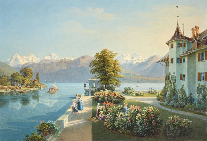 Paisaje de Thunersee con montañas y castillo de Gabriel Lory the Younger, pintura al óleo