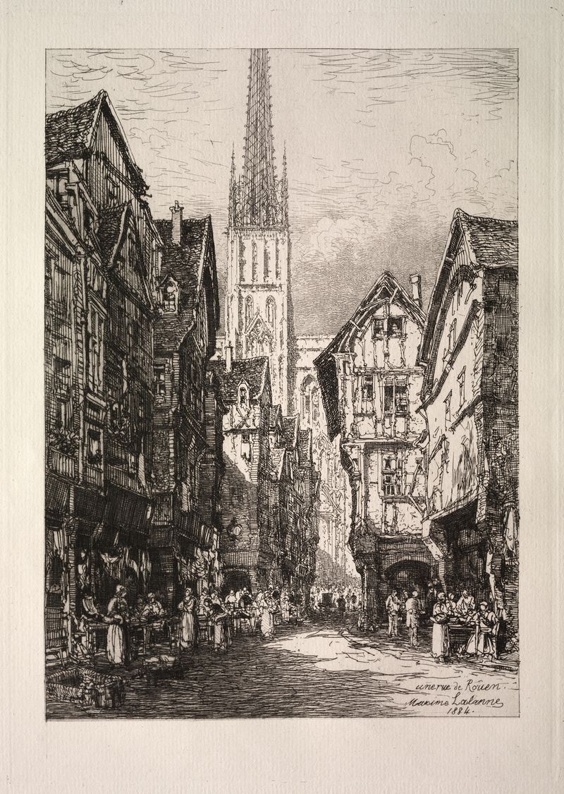 Gravura de Maxime Lalanne mostrando uma rua tranquila em Rouen com paralelepípedos e edifícios.