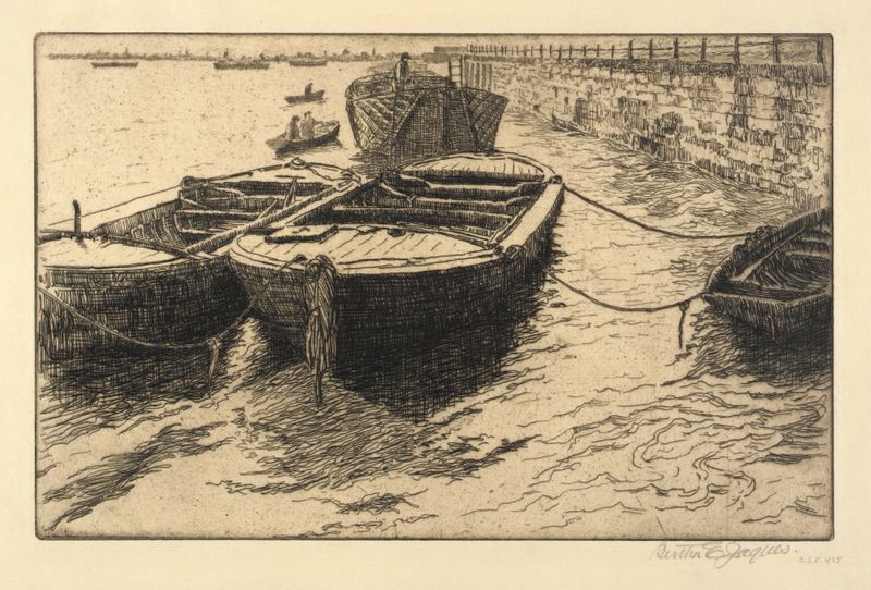 Gravura de Bertha Jaques mostrando figuras relaxando à beira do rio