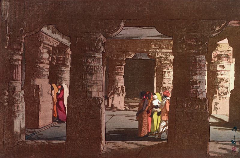 Terceiro templo da caverna em Ellora, gravura em madeira de Yoshida Hiroshi