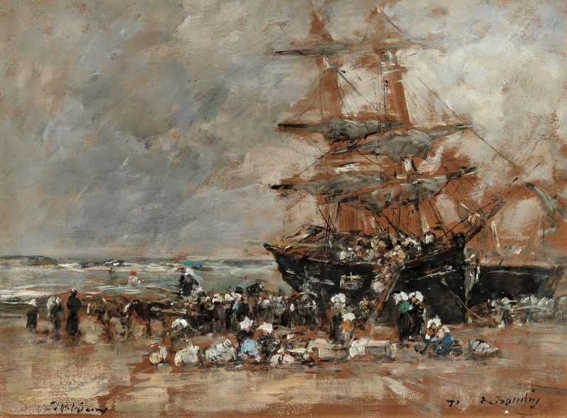 Marina con barcos de pesca, óleo sobre lienzo de Eugène Boudin