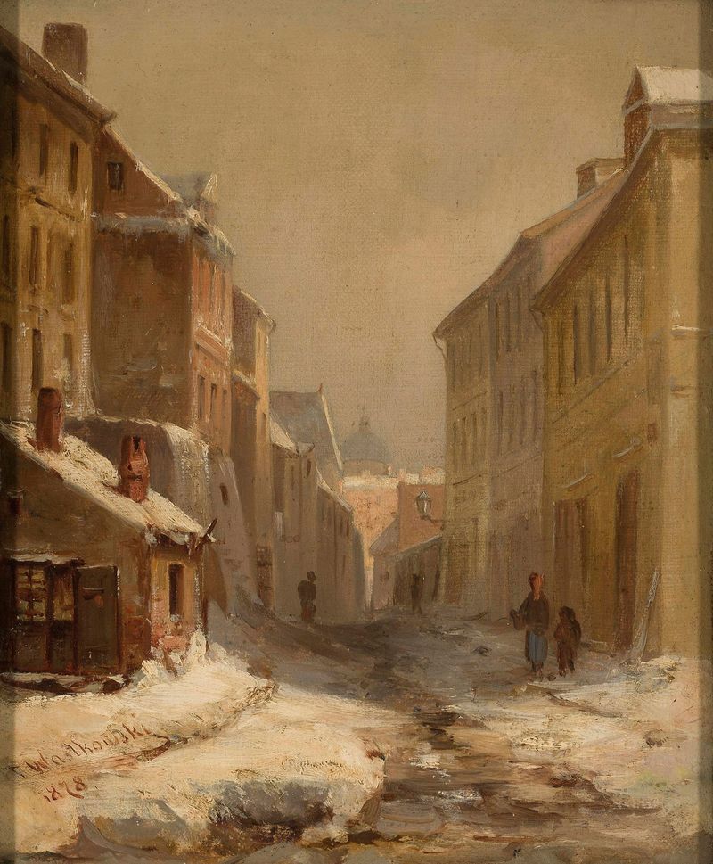 Paisaje invernal de Varsovia con Brzozowa Street de Franciszek Wastkowski, pintura al óleo