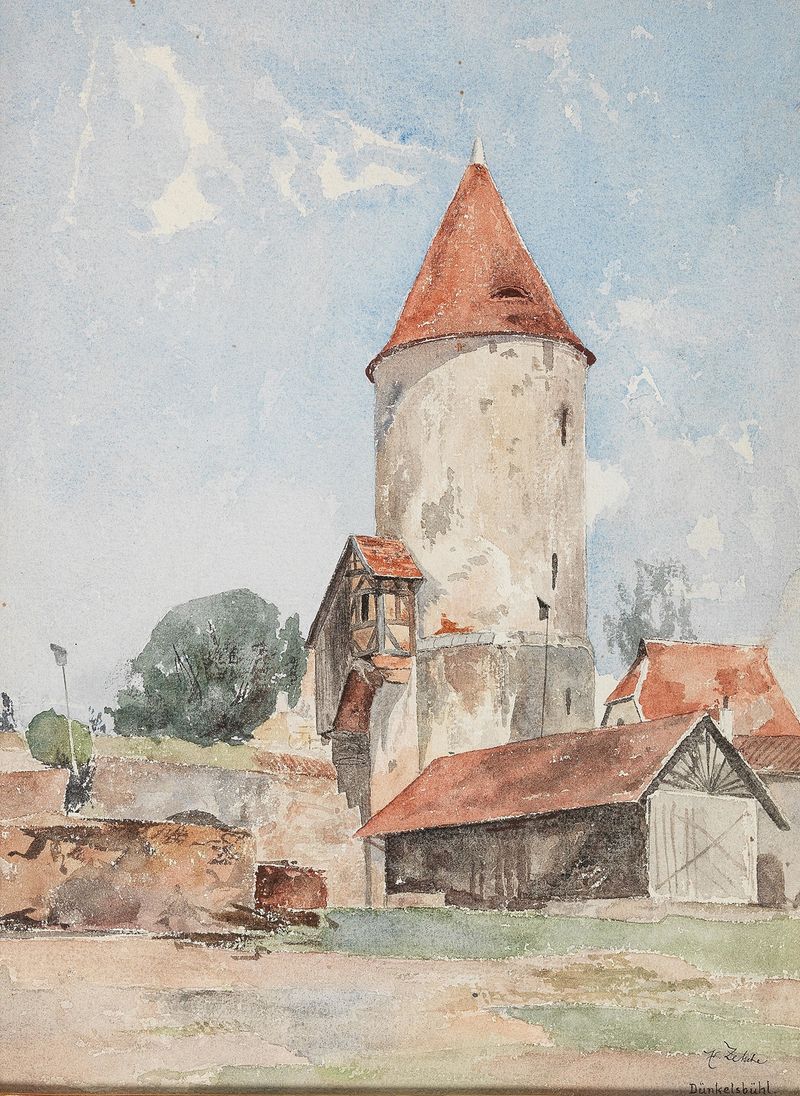 Turm in Dinkelsbühl de Eduard Zetsche, óleo sobre tela que retrata uma torre histórica e uma vila na luz dourada.
