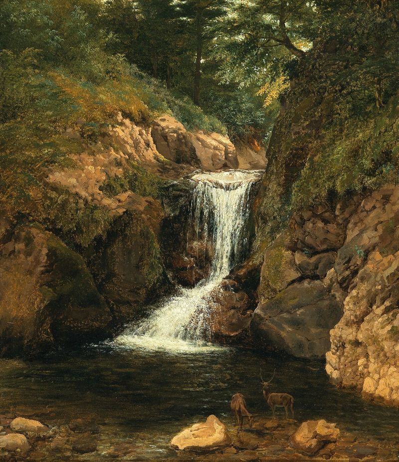 Red deer by a pond, surrounded by greenery, oil painting by Circle of Friedrich Gauermann