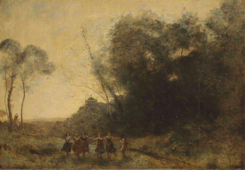 Ronde De Nymphes, óleo sobre tela de Jean-Baptiste-Camille Corot retratando ninfas em uma floresta.
