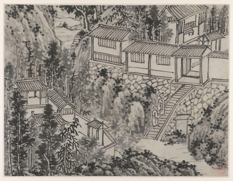 Tinta sobre papel de Shen Zhou que representa un pino y montañas distantes