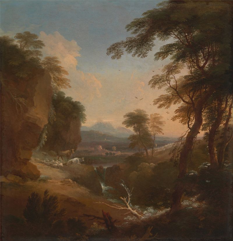 Paisaje con Montañas Distantes de Adriaen van Diest, pintura al óleo que muestra vegetación y montañas distantes.