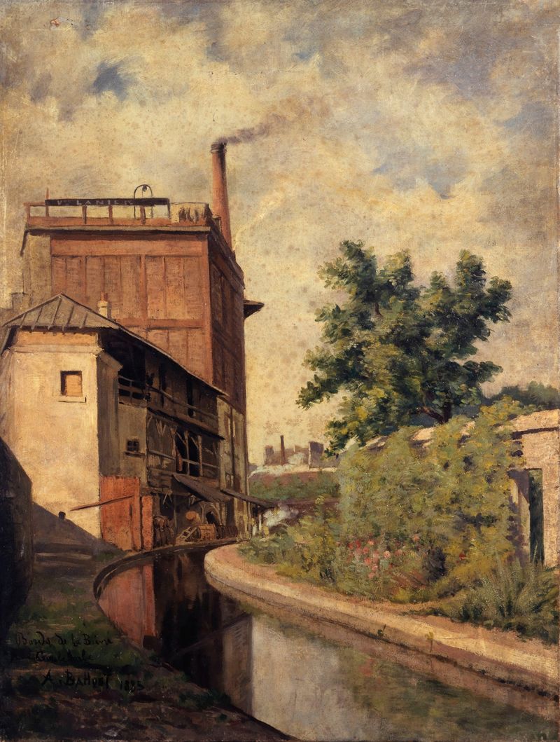 Pintura al óleo de Alfred-Louis Bahuet que representa un río tranquilo y un pueblo.