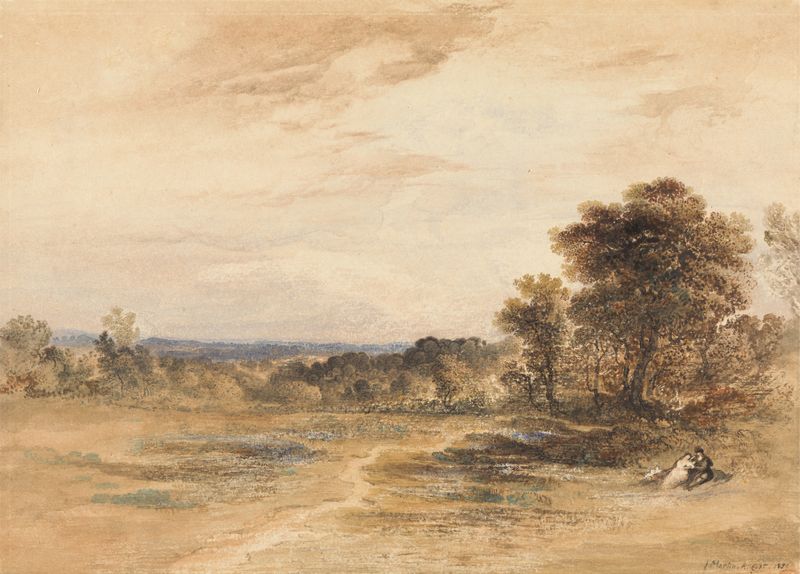 Landscape with Courting Couple by John Martin, oil painting depicting a couple in a serene landscape.