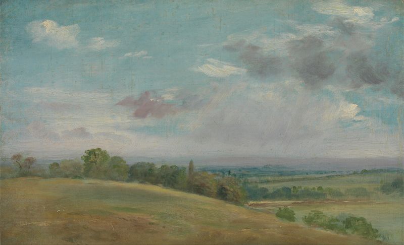 Landscape by Lionel Constable, oil on canvas, depicting rolling hills and a tranquil sky.