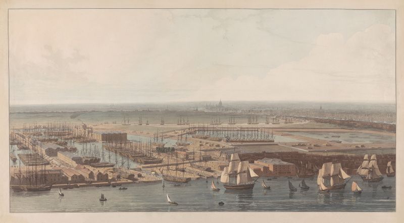 A View of the Commercial Docks at Rotherhithe, óleo sobre lienzo de William Daniell
