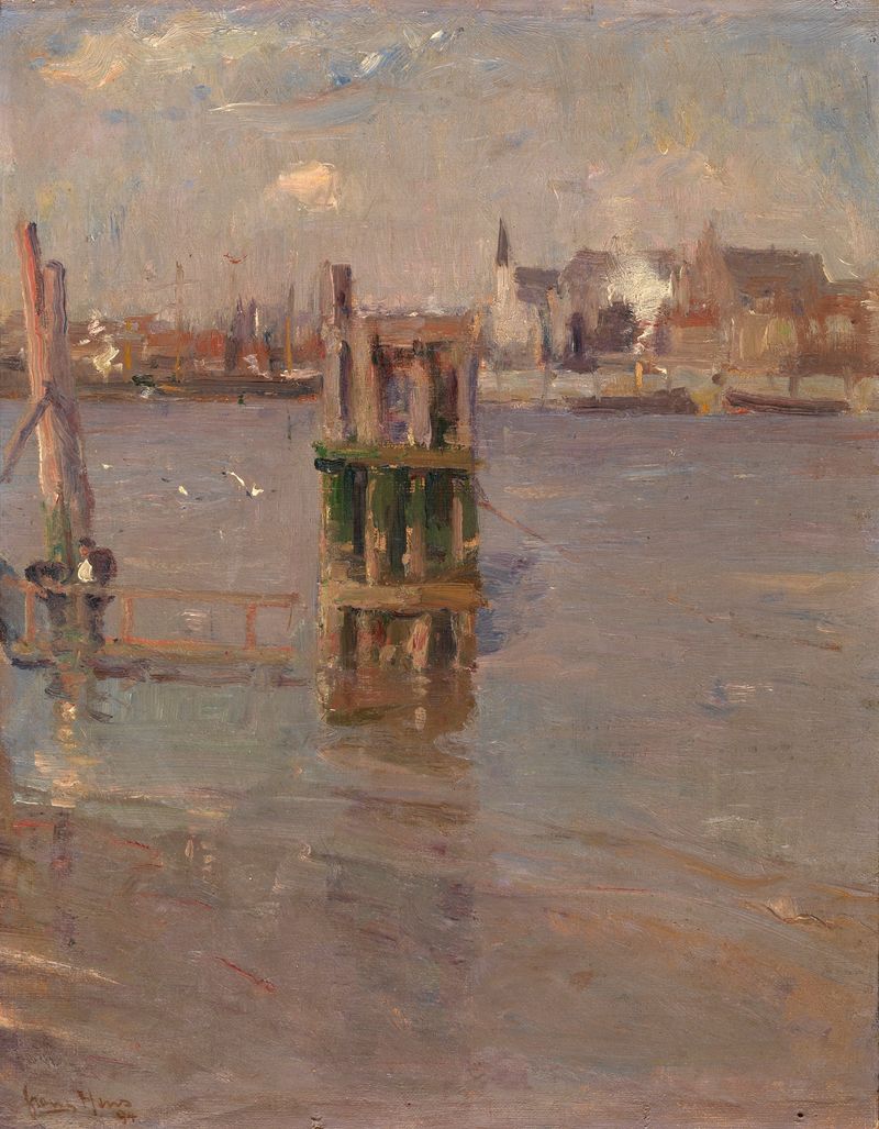 Pintura al óleo de paisaje de Frans Hens que representa el río Scheldt al atardecer