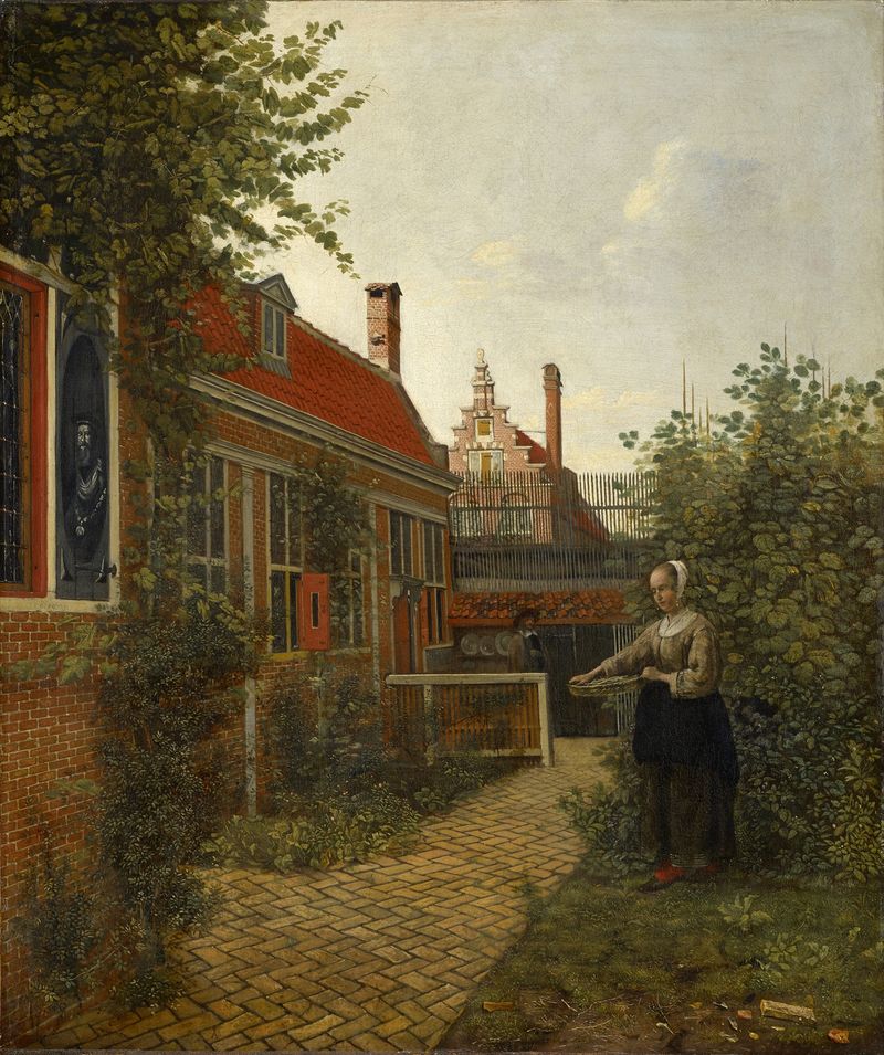 Woman with a basket of beans in a kitchen garden, Pieter de Hooch, oil painting