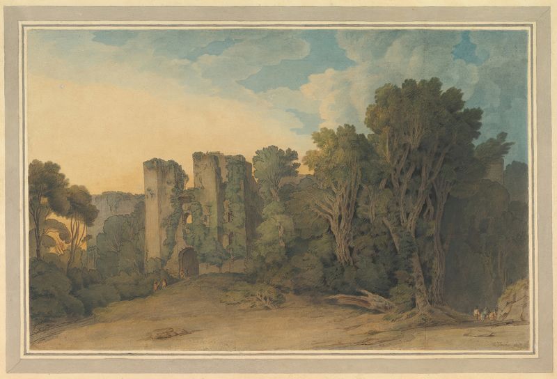 Paisaje de Berry Pomeroy Castle por Francis Towne, pintura al óleo que representa ruinas y naturaleza.